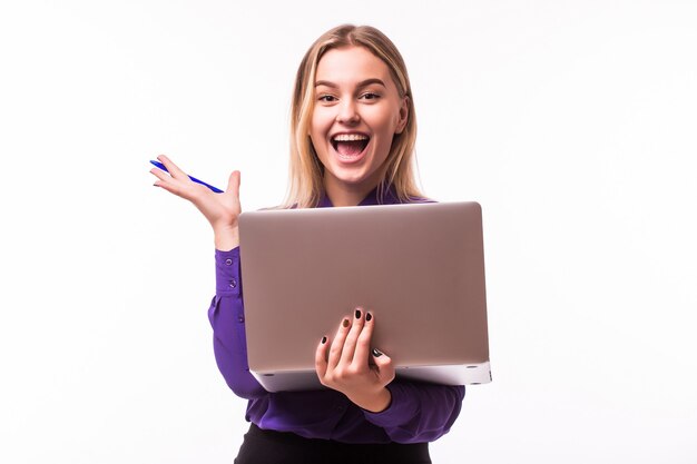 Businesswoman use laptop . Lady with different face emotions. Isolated on white wall.