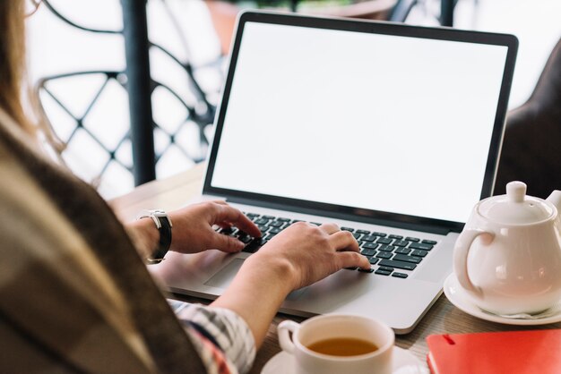 Businesswoman using laptop in coffee shop