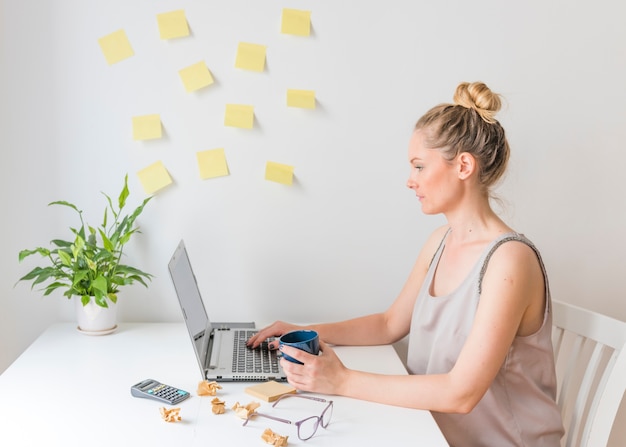 Foto gratuita donna di affari che utilizza computer portatile nel luogo di lavoro