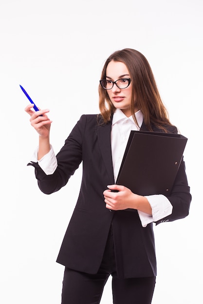 Businesswoman with clipboard and pen point up isolated on white wall