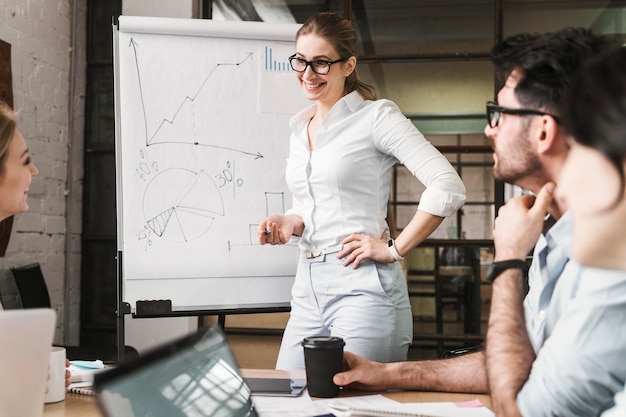 Free photo businesswoman with glasses during a meeting presentation with her peers