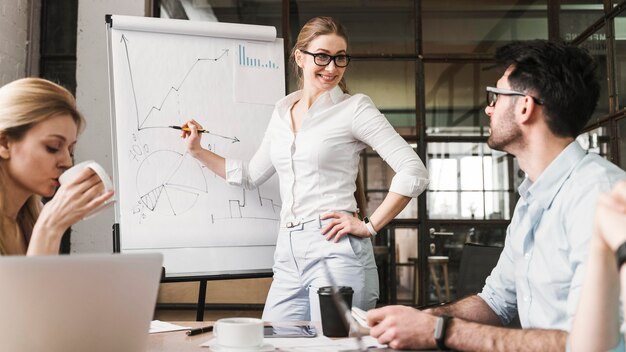 Businesswoman with glasses during a meeting presentation with her colleagues