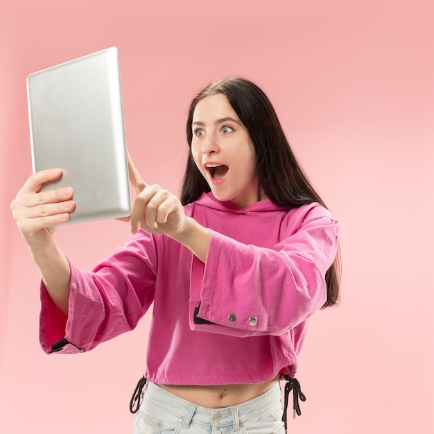 Businesswoman with laptop. Love to computer concept.