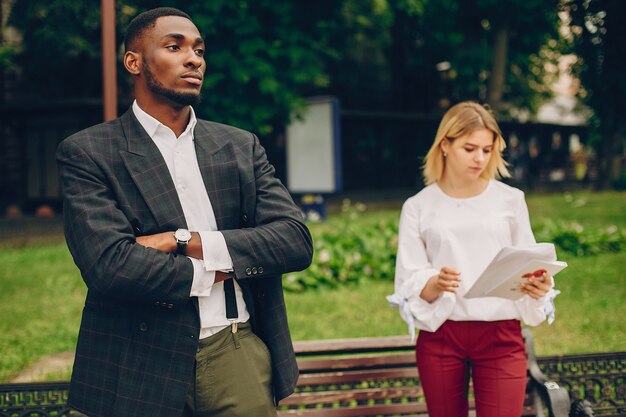 businesswoman with partner in a city