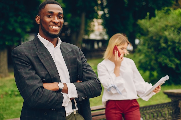 businesswoman with partner in a city