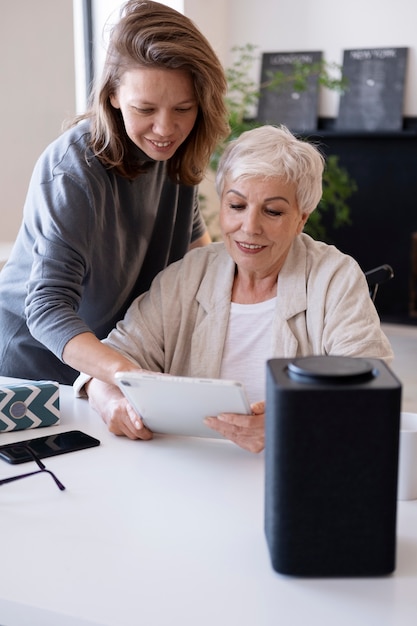 Businesswoman working with digital assistant