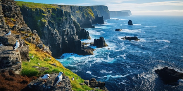 Free photo bustling colony of seabirds clings to the stark cliffs a stark contrast to the blue ocean