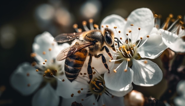 AI によって生成された単一の花から花粉を収集する忙しいミツバチ