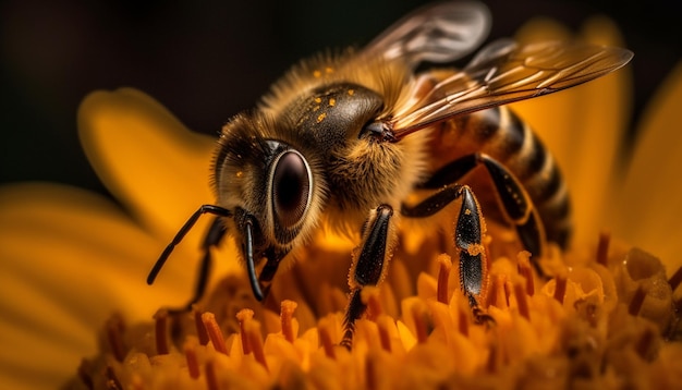 AI가 생성한 노란 꽃에서 꽃가루를 모으는 바쁜 꿀벌