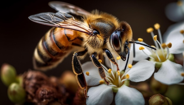 Ape indaffarata che raccoglie polline giallo sulla testa del fiore generato dall'intelligenza artificiale