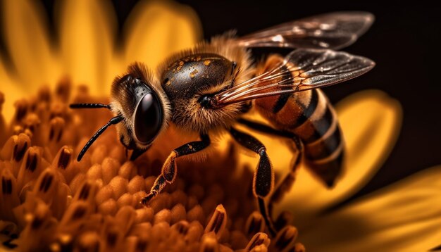 Busy bee pollinates yellow flower in summer generated by AI