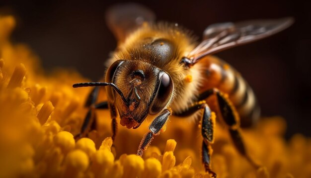 Busy bee pollinating yellow flower in springtime generated by AI