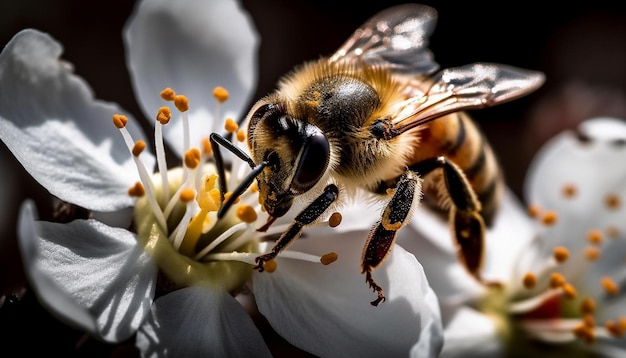 Foto gratuita api indaffarate che raccolgono polline dal fiore giallo generato dall'intelligenza artificiale