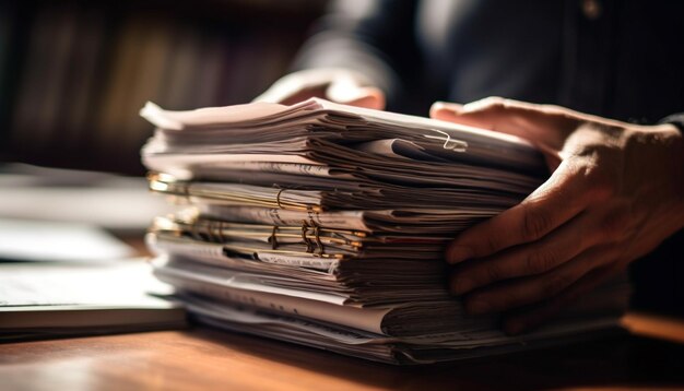 Busy businessman filing paperwork on cluttered desk generated by AI