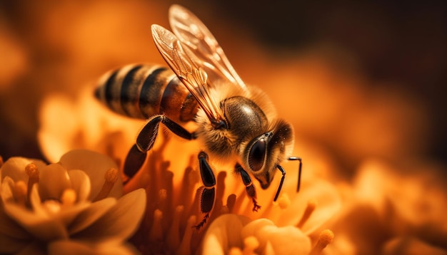 AI が生成した花から花粉を集めるミツバチ