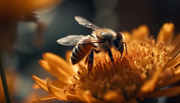 AI が生成した牧草地の 1 つの花から花粉を集める忙しいミツバチ