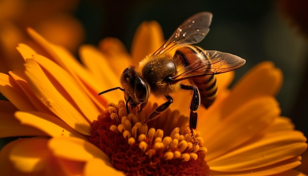 AI によって生成された黄色の花粉を拾う忙しいミツバチ