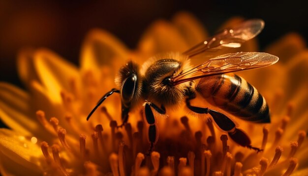 Busy honey bee picking up yellow pollen generated by AI