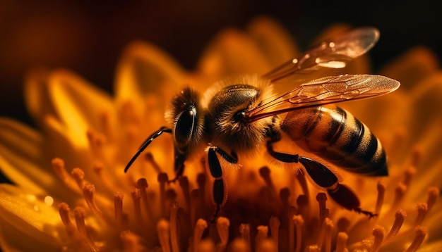 Busy honey bee picking up yellow pollen generated by AI