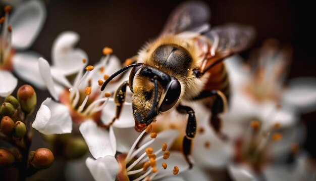 Busy honey bee pollinates yellow flower head generated by ai