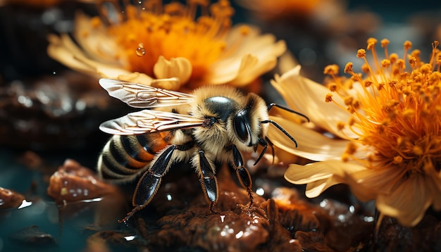 Free photo busy honey bee working on a single flower in nature generated by artificial intelligence