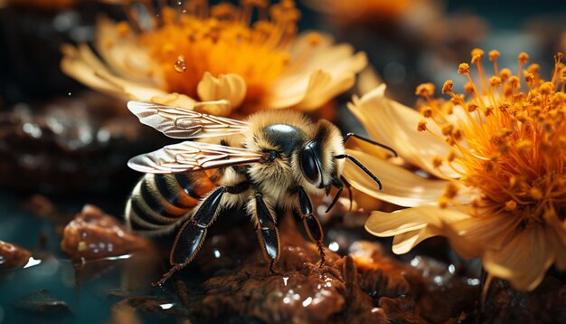 Busy honey bee working on a single flower in nature generated by artificial intelligence