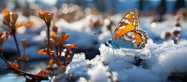 Free photo a butterfly rests on snowy grass