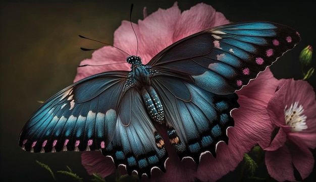 蝶は蝶という言葉が書かれた花にとまっています。
