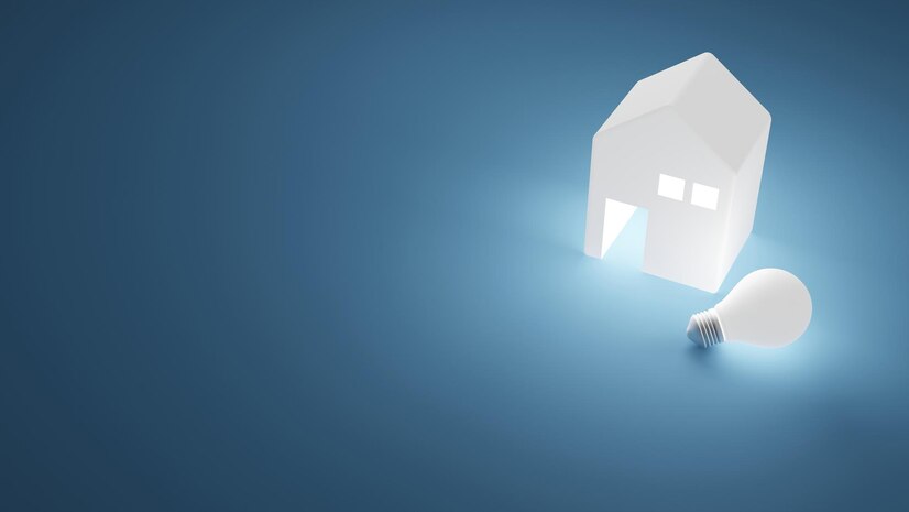  Buy and sale home concept design of mini house and light bulb on blue background 3d render Premium 