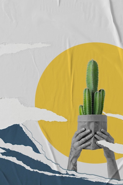 Free photo cactus houseplant retro collage remix with ripped papers