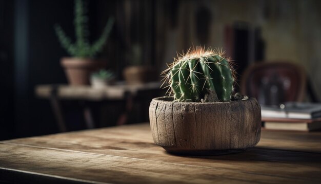 A cactus on a wooden table with a blurry background