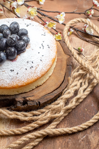 a cake an appetizing cake with black grapes next to the tree branches