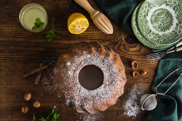 Cake and chestnuts in flat lay