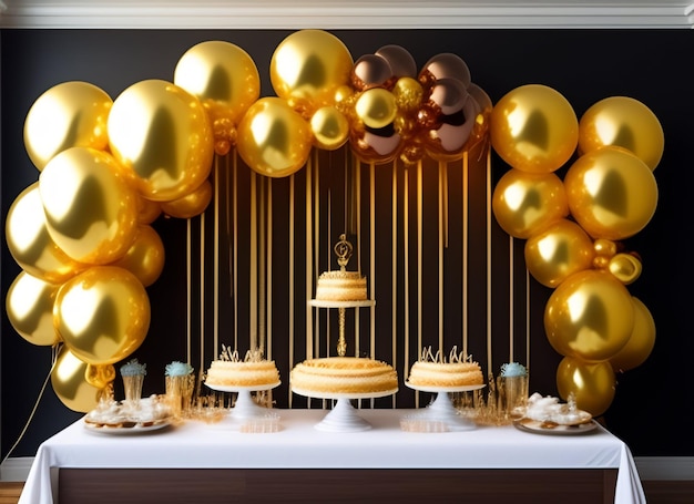 A cake and cupcakes are on a table with balloons and a cake on it.