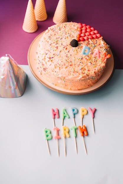 Cake on plate with colorful happy birthday candles on dual background