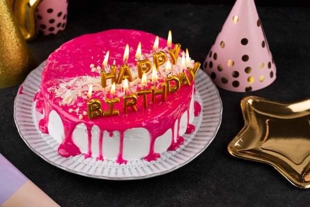 Cake with candles arrangement high angle