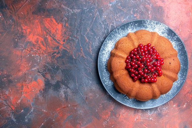 붉은 건포도를 곁들인 케이크 회색 접시에 붉은 건포도를 곁들인 맛있는 케이크