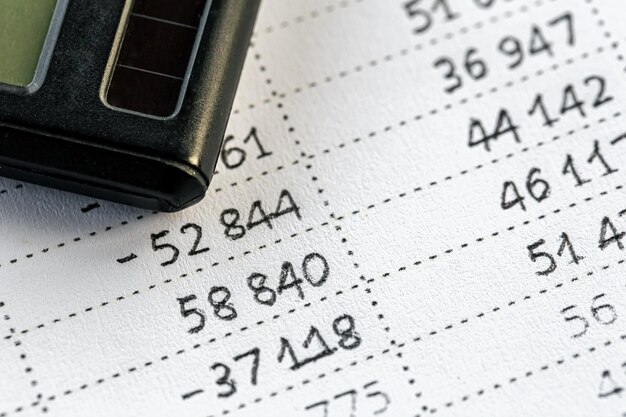 Calculator and numbers on paper closeup finance concept