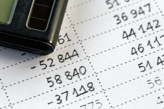 Calculator and numbers on paper closeup finance concept