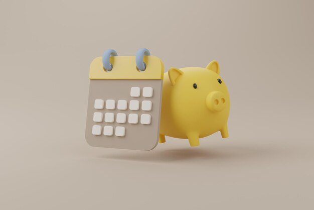 Calendar minimal simple design and yellow piggybank on brown background. time is money concept. save money and investment. 3d rendering illustration