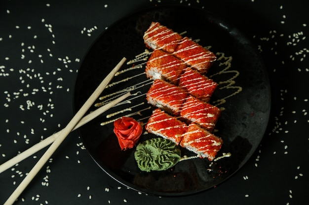 California roll crab cream cheese ginger wasabi top view