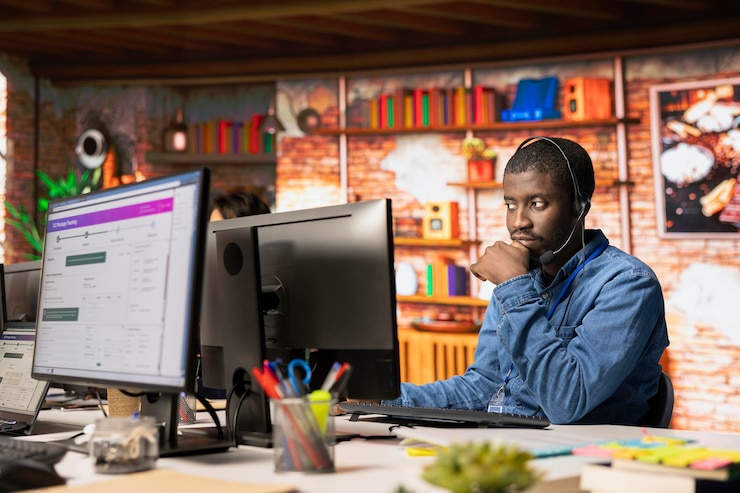 Free Photo call center staff member tracking shipments in office looking at pc screen