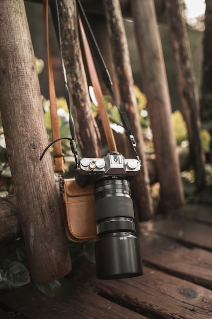 Camera and bag hanging on bench