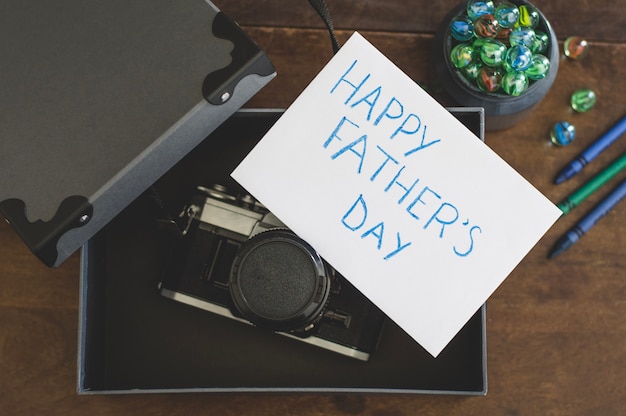 Camera in a box and father's day writing