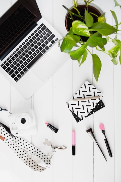 Camera and cosmetics near laptop and plant