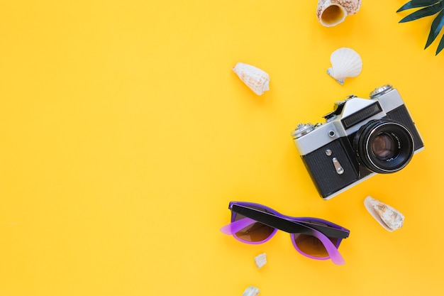 Free photo camera with sunglasses and shells