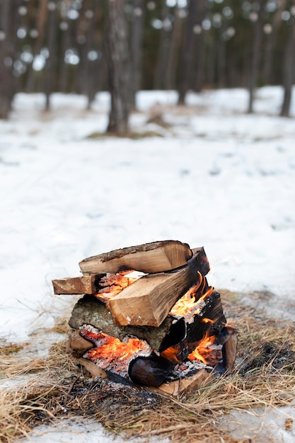 Camp fire outdoors winter time