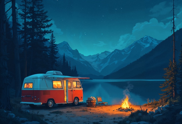 Free Photo a camper van is parked by a campfire