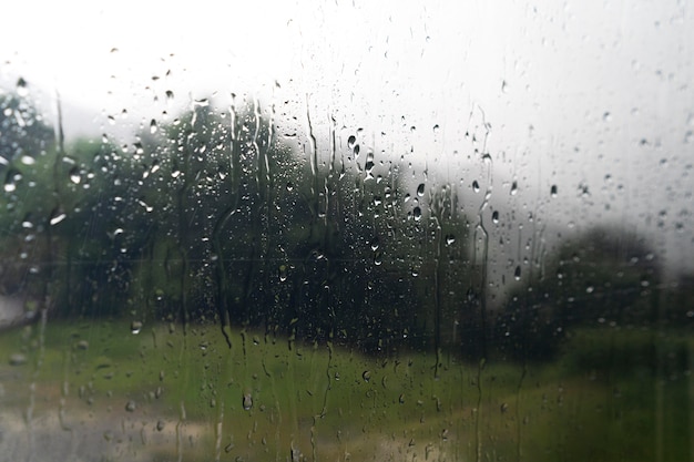Camper window with rain drops