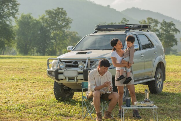 camping with family. happy family with spending time outdoor in the autumn park.